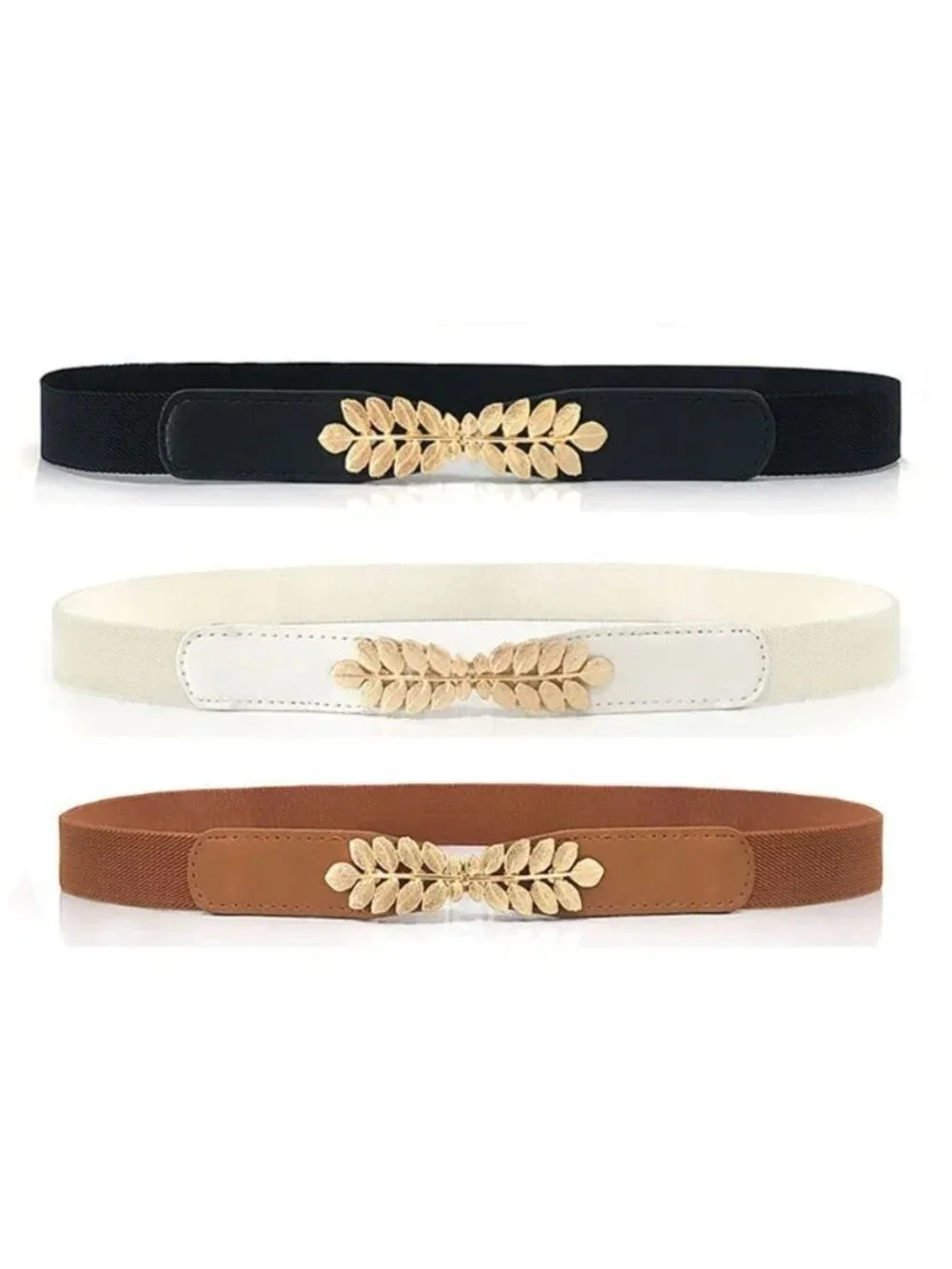 Elegant Elastic Belt With Gold Leaf Buckle Decoration Set of 3 - Black White & B